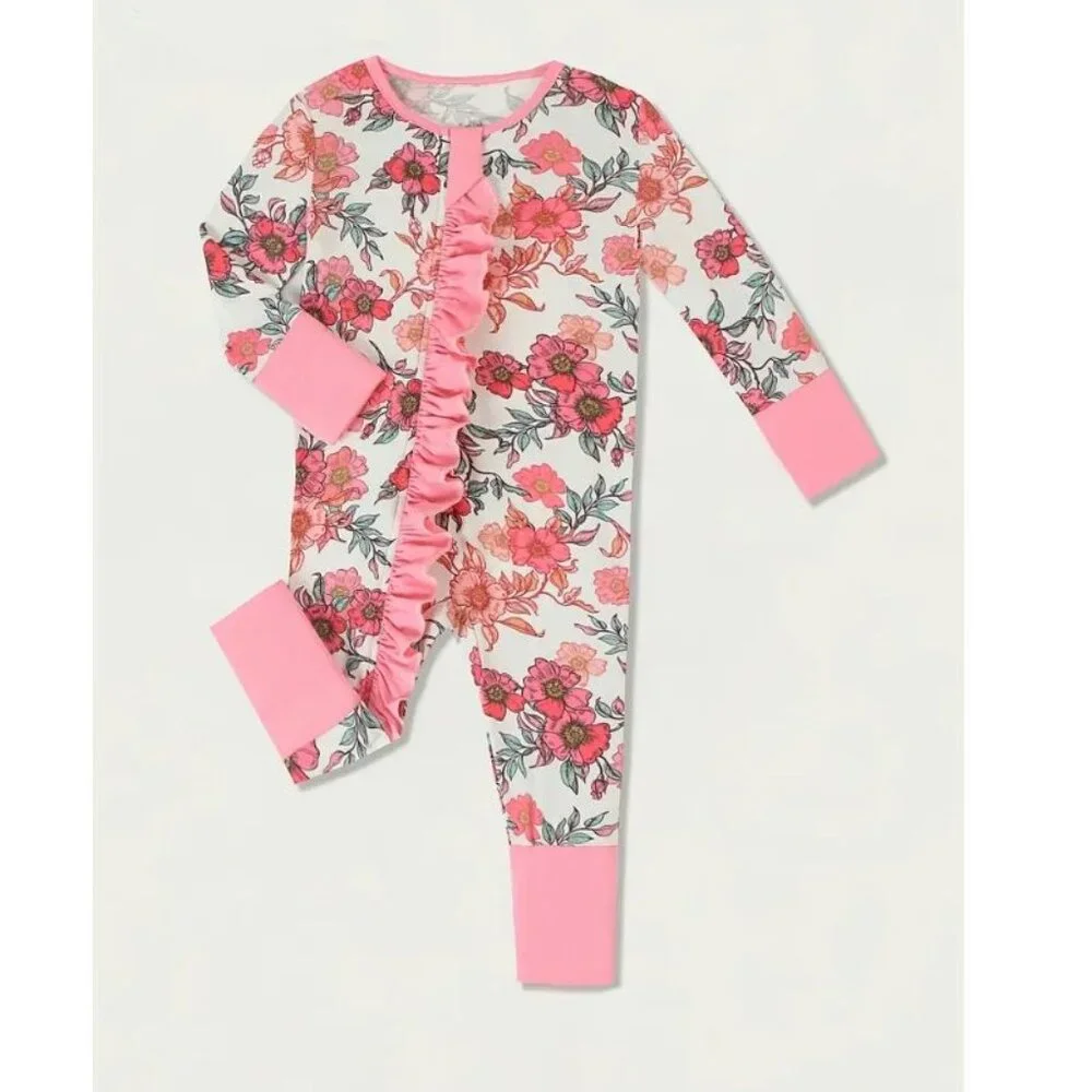 Floral Baby Girls Bamboo Fiber Romper Jumpsuit Pajamas Sleeper